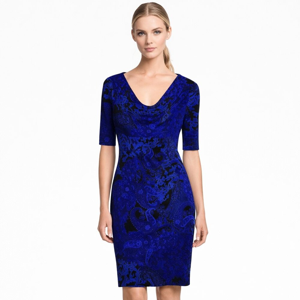Anne Klein Size 4ā Blue Black Paisley Stretch Jersey Knit Cowl Neck Sheath Dress
